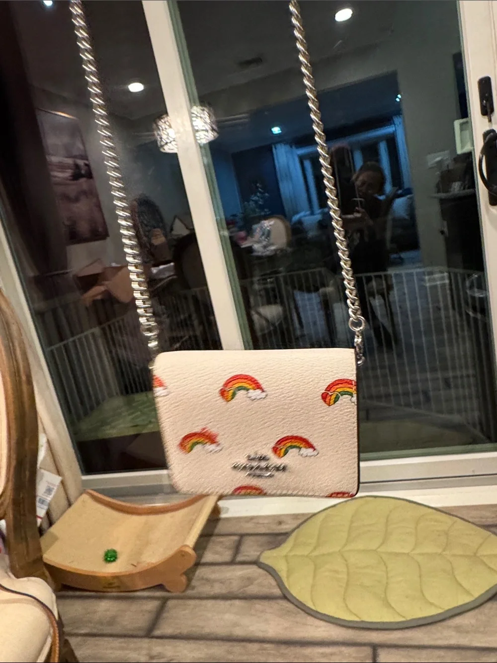 Coach Cream Mini Crossbody with Rainbow Print and Silver Chain